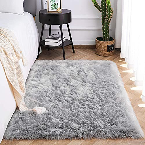 SXYHKJ Faux Sheepskin Rugs, Soft Fluffy Faux Chair Cover Hairy Washable Carpet Non Slip Mats for Chair Bed Sofa Floor with Extra Long Wool (gray, 60x90CM)