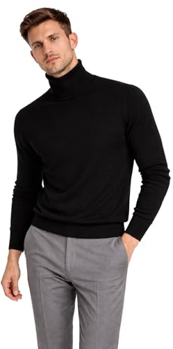 Cashmeren Men's Essential Knit Turtleneck Sweater 100% Merino Wool Long Sleeve Roll Neck Pullover (Black, Medium)