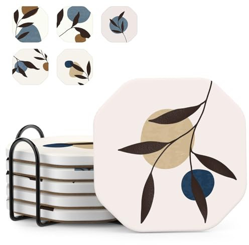 UMIRRO Boho Tassen Untersetzer für Holz Couchtisch, Moderne Steinuntersetzer für Getränke mit Halterung für Tischplattenschutz, Saugfähige Antihaft-Keramikmatte, 10.2 cm, 6 Stück