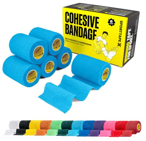 SPORTTAPE 6 Rolls Self-Adhesive Cohesive Bandage, 7.5cm x 4.5m, Sky Blue | Compression & Vet Wrap for Dogs, Horses, Sports Stretch Tape for Football, Ankles, Joints, Fingers, Wrists & Sock Tape