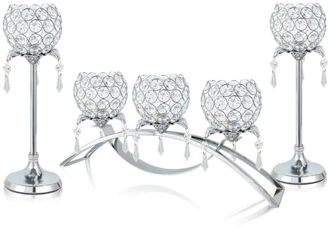 Kehail Set of 3 Silver Crystal Tea Light Candlestick Holders Flower Shape with Crystal Pendant Bowl Votive Metal Candle Holder for Table Centerpieces Wedding Home Decor