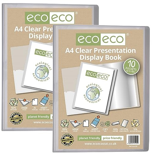 eco-eco A4 Size 50 Percent Recycled 10 Pocket Clear Presentation Display Book, Storage Case Portfolio Art Folder with Plastic Sleeves, Pack of 2, eco125x2