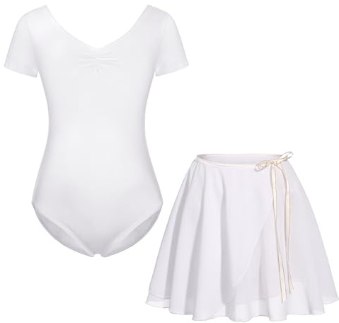 FONLAM Robe Justaucorps de Danse Ballet pour Fille Justaucorps Gymnastique Coton Jupe Ballet Tutu Fille Manche Courte (Blanc, 11-12 Ans)