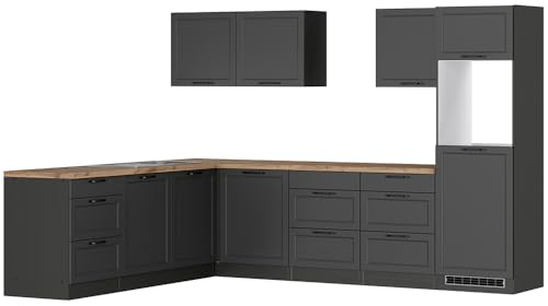 Lomadox Winkelküche Küche Einbauküche Küchenzeile L-Form 300/240 cm in grau, Arbeitsplatte in Eiche