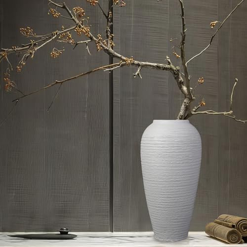 DOCFLVAS White Rustic Ceramic Vase, 13.4 Inch Vintage Floor Tall Round Vase, Dimpled Texture, Perfect for Indoor/Outdoor, Flowers, Antique Style, Housewarming, Wedding, Bedroom, Kitchen, Living Room