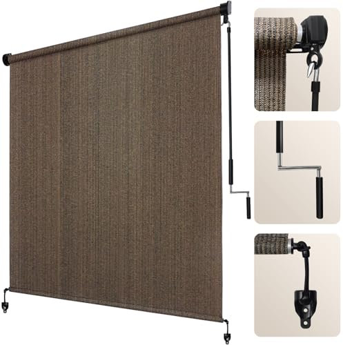 Artpuch Outdoor Roller Shade 8' W x 6' H, Mocha Exterior Cordless Patio Shades Roll Up Blinds with Spliced Pole Design, (2 Poles, One-Piece Fabric)