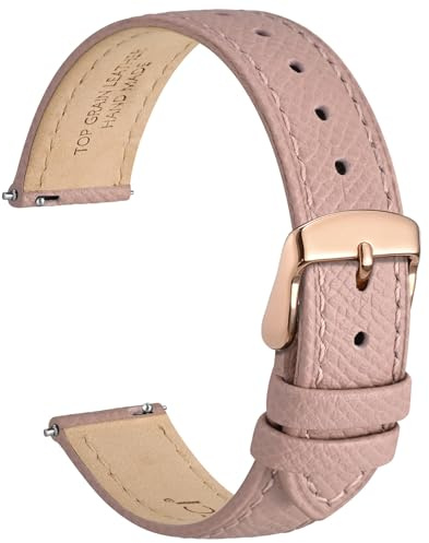 WOCCI 12mm Grace Leather Watch Strap for Ladies, Top Grain Leather, Quick Release Replacement Band with Rose Gold Buckle (Retro Pink)