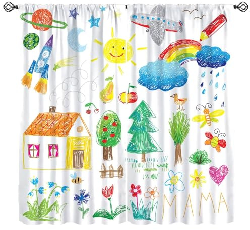 FengMingRui Kids Pencil Graffiti Curtains Educational Learning Blackout Window Treatments for Kids Girls Toddler Bedroom Window Drapes 42 W X 45 L