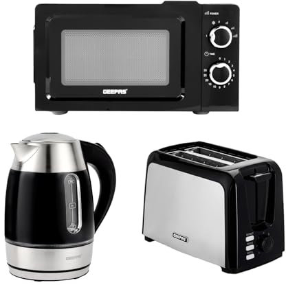 Geepas 2 Slice Bread Toaster, 1.7L Illuminating Electric Kettle & 20L 700W Solo Manual Microwave Oven Combo Set | 750W Toaster, 7 Level Browning Control, 2200W Rapid Boil Cordless Jug Kettle