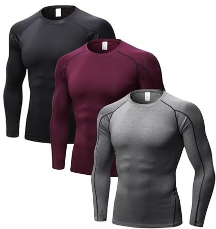 LANBAOSI 3 Pack Men's Compression Shirt Long Sleeve Sun Protection Workout Top, Quick Dry Moisture Wicking Base Layer for Gym, Running, Football & Training