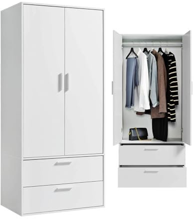 mokebo Kleiderschrank 'Der Kleiderheld' (80x180x51 cm) mit 2 durchlaufenden Schubladen, Garderobenschrank, Flurschrank o. Schrank für Schlafzimmer oder Ankleidezimmer aus Holz in Weiß