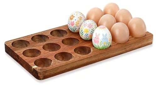 Acacia Porte-œufs en Bois, Coquille d'oeuf Rustique pour 18, Coquille à œufs pour Cuisine ou réfrigérateur, Assiettes à œufs farcies, Organisateur de Cuisine ou de réfrigérateur, Facile à Nettoyer