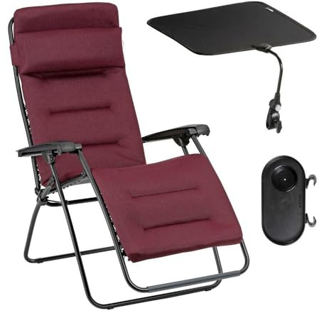 Lafuma - Ensemble Fauteuil Relax Transat Jardin - Chaise Longue Matelassé avec Ombrelle et Porte-Gobelet - RSX Clip - AirComfort® - Rouge Bordeaux
