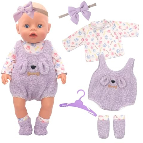 Baby Doll Clothes for 35-43 cm Dolls, Purple Puppy Doll Clothing Outfits with Long Sleeves Jumpsuit Set Socks Bow Hairband Hanger for 12-18 Inch New Doll Clothes Kids Girls Boys Gift