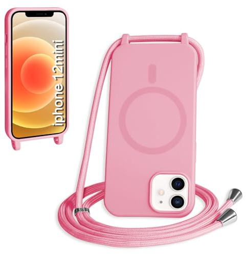 FMPCUON Magnetisch Handykette für iPhone 12 Mini Hülle,Necklace Hülle mit Bands Handyhülle für zum Umhängen Kordel,kompatibel mit Magsafe Silikon Case mit Handykordel,Pink