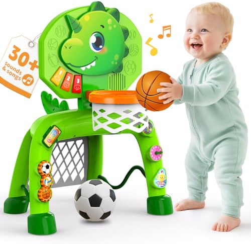 POPERFUN Canestro Basket da Camera e Porta da Calcio per Bambini 1-3 Anni, Mini Canestro Basket con Luci Musica Sonora, Giocattoli Dinosauro Bambina per Ragazzi, Regali di Compleanno di Natale