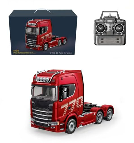 WANENGEDIY Tractor de control remoto con semirremolque plano, escala 1/18 6x4 770S, camión tractor resistente a control remoto, semirremolque con tracción trasera, modelo de vehículo de construcción