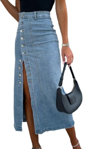 seiveini Jupe Jean Femme Longue Fendue Jupes Denim Crayon Été | Chic, Élégant, Boutonné, Moulante, Fente, Taille Haute, Jeans Skirts, Vintage, Midi, Décontracté