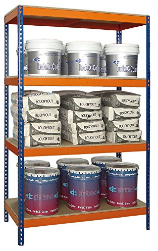 Étagère sans Vis. Charge 500 kg max. par Niveau. Charge Mi-Lourds avec 4 Niveaux. Modèle J600 Mesures: 2000 x 1200 x 600 mm. Coloris Bleu/Orange