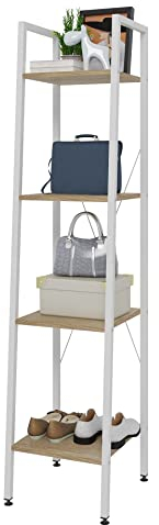 eSituro Bücherregal Leiterregal 4 Ablagen Standregal Aufbewahrung Küchenregal Badregal 34x35x148CM Weiß+Hell Eiche SSTR0041