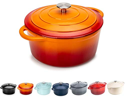 Round Casserole Dish - Cast Iron Cauldron Induction and Gas Safe Non Stick Dutch Oven Roasting Cooker - with Lid - 10 Year Gurantee (2.7L Casserole, Orange)