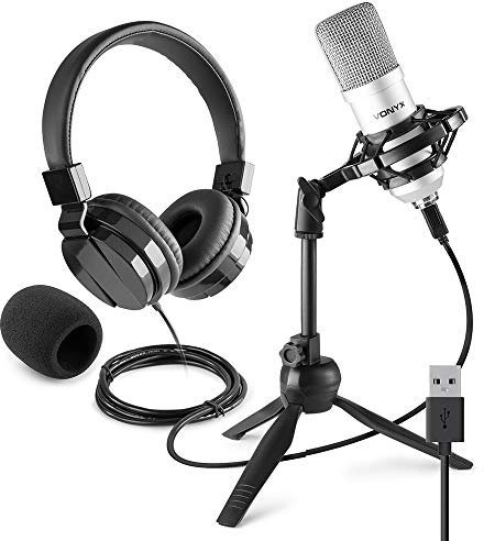 VONYX USB Studio Condenser Microphone Kit with Shock Mount, Tripod Stand & VH120 Over-Ear Headphones for Gaming, Podcasting, Recording, Broadcasting - Compatible with Windows PC & Mac OS