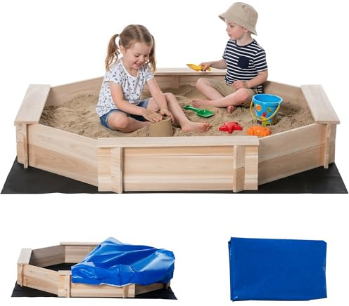 Outsunny Kids Wooden Sand Pit Children Sandbox with Cover Outdoor Playset for Backyard for 3-8 years 139.5 x 139.5 x 21.5 cm
