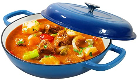 Enameled Cast Iron Dutch Oven Braiser, 3.8 Quart Enamel Skillet Pot with Lid - Heavy Duty and Dual Handles, Oven Safe Frying Pan for Family or Friends Gifts, Blue