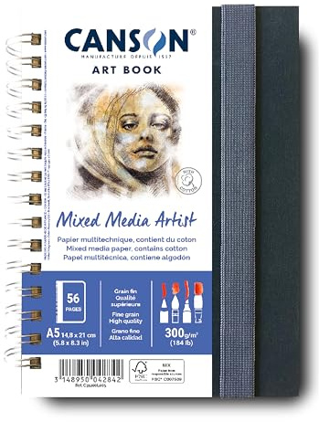 Canson - Professional Book - Carta Multitecnica - Grana fine - 300g/m² - Taccuino Spiralato - A5-14 -8x21cm - Bianco - 28 fogli