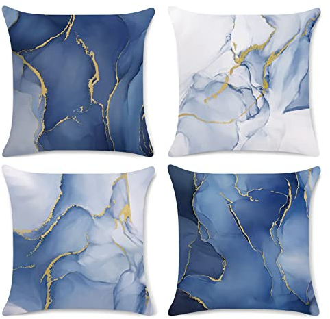 Bonhause Blaue Marmor-Kissenbezüge, 45,7 x 45,7 cm, abstrakter Marmor, Blau und Gold, moderne dekorative Kissen, weicher Samt, Kissenbezüge für Couch, Sofa, Bett, Heimdekoration, 4 Stück