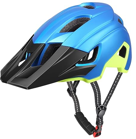 RaMokey Fahrradhelm MTB Helm, Mountainbike Helm mit Abnehmbarem Visier und Polsterung für Erwachsene, Radhelm für den Stadtverkehr- für Damen und Herren (Blau+Gelb)