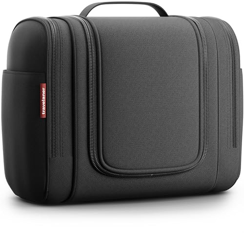 Travelaner® Kulturbeutel Design 2026, XXL 3-in-1 Kulturtasche zum Aufhängen mit 9 Liter Stauraum für Damen und Herren, Kosmetiktasche für Reise, Große Waschtasche, Waschbeutel, Schwarz