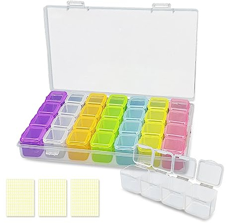 MultiValue Peinture au Diamant Boite 28 Compartiments En Plastique Boîte de Rangement Broderie Diamant Amovible Avec 3 étiquettes Autocollantes pour Le Tri des Bijoux (Coloré, 1)
