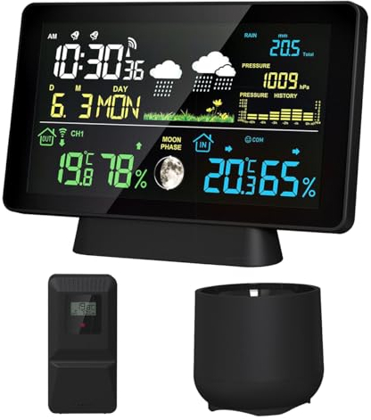 Cornesty Station Météo Sans Fil 8 en 1 Thermomètre Hygromètre Interieur Exterieur Avec Prévisions Météo 7,5 pouces Ecran LCD Couleur Rétro-Éclairé Station Meteo Avec Heure, Alarme, Date, Baromètre