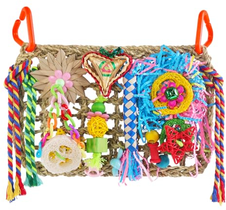 Pethee Wellensittich Spielzeug Vogelspielzeug Futterwand mit Bunten Vogelkäfig Spielzeug Futterspielzeug, Kau- und Zerkleinerungswand Seegras Gewebte Kletter für Nymphensittich, Papageien, Sittiche