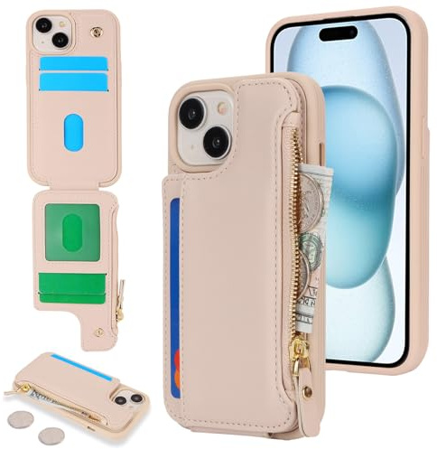 SailorTech mobilfodral för iPhone 15 Plus med etui och kortplats, iPhone 15 Plus fodral med kortplats, iPhone 15 Plus mobilfodral med dragkedja plånbok – aprikos