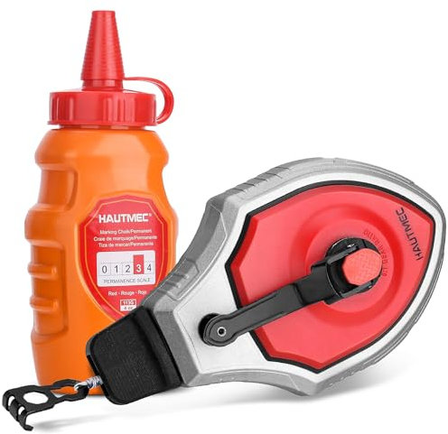 HAUTMEC Chalk Line, 30m/100ft Chalk Line Tool with Chlak Powder, 6:1 Gear Ratio Reel, Chalk Box for Carpenters and Builders, HT0358