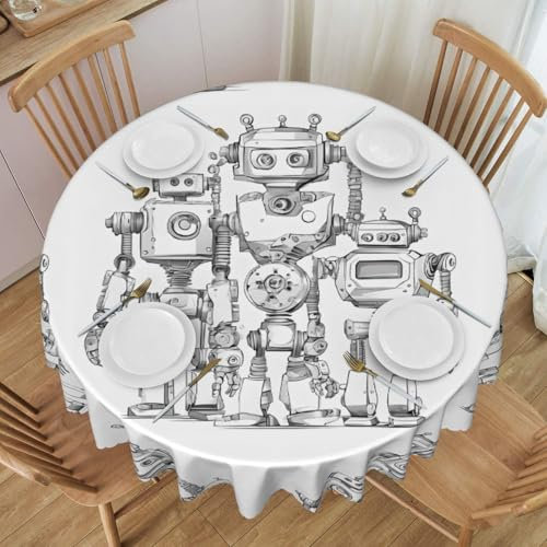 Gjgdbxdw Cute Cartoon Robots Print Round Tablecloth 60 Inch, Waterproof Washable Polyester Table Cloth Decorative Fabric Table Cover for Dining Table, Buffet Parties and Camping