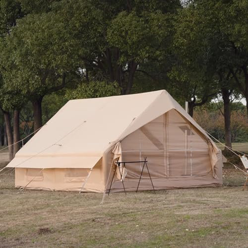 WaldZimmer 12sq Beige Inflatable Camping Tent with Hand Pump Easy Setup Waterproof Windproof Outdoor Blow up Tent 6-8 Person Oxford 4 Season Glamping Air Tents Cabin House with Mesh Windows & Door