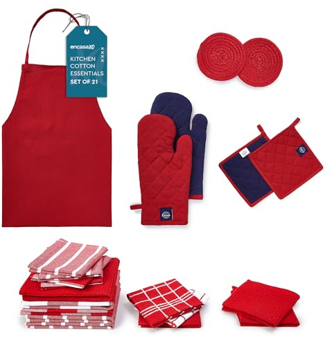Encasa XO Kitchen Towels & Dishcloths, 100% Cotton 76x66 cm Red | Highly Absorbent & Soft | Heat Resistant Oven Mitts | Multi-Purpose Cooking & Cleaning | Machine Washable | Set