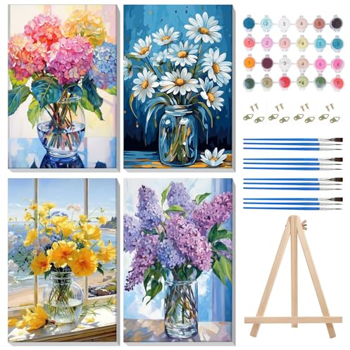 MISCER 4 Pack Flor Pintar con Numeros con Marco, Hortensia Pintura Pintar por Numeros Adultos Niños,Pintura DIY en Acrílico u Óleo, Adecuada para Decoración del Hogar 20X30cm