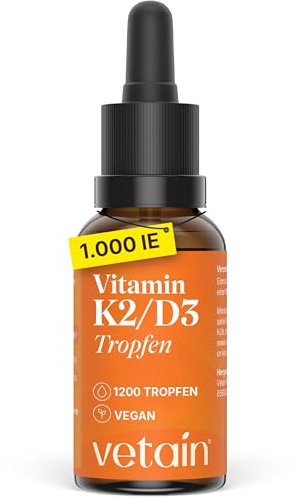 VETAIN Vitamin D3 K2 Tropfen 30ml - Premium K2VITAL® 99,7% All-Trans - 1000 I.E. Vitamin D3 & 12µg Vitamin K2 - in MCT Öl - hochdosiert, laborgeprüft & produziert in Deutschland