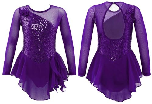 Riismen Traje De Gimnasia para Niñas Balletina Vestido De Baile Manga Larga Traje De Patinaje Artístico De Figura Vestido De Competición De Baile Púrpura 13-14 años