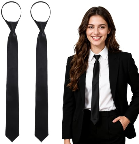 DOPENSPI Confezione da 2 Cravatte Nere da Donna, Cravatte Lunghe Regolabili Pre-Annodate per Camicie, Uniformi, Costumi da Festa, Laurea e Accessori Casual