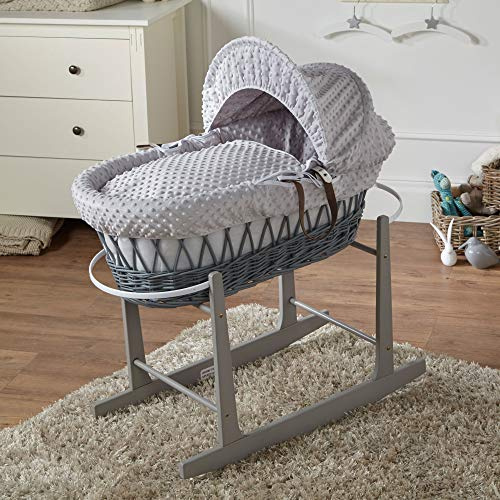 For Your Little One Wicker/Pod Moses Basket Hand-woven Natural, Hypoallergenic Mattress/Deluxe Design/Quilt, Bedding And Rocking Stand - (Grey Dimple, Wicker Moses Basket)