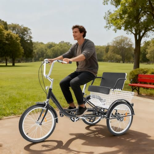 WFIETN Tricycle pour adulte avec siège enfant, 20 , 3 roues, avec siège enfant et panier à provisions arrière, pédale à une vitesse unique, 3 roues, vélo de charge, jusqu'à 264,5 lbs