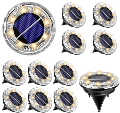 ArsMotin Luci Solari da Giardino, 8 LED Luci Solari da Incasso per Esterni Bianco Caldo 3000K, Lampade Solari da Terra IP65 Impermeabili, Luci Solari Esterno per Prato, Vialetto, Cortile (12 pezzi)
