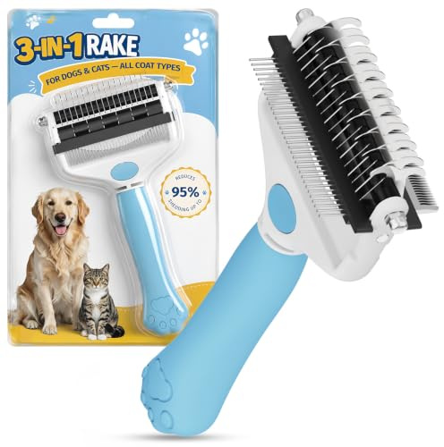 Zivacate 3-en-1 Brosse pour Chien & Chats à Poil Long | Râteau Double Face (17+9 Dents), Poignée Ergonomique, Brosse Chien Poil Long Inox, les Tapis et les Cheveux Emmêlé - Bleu