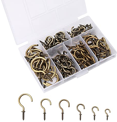 Yuechenggui 120 ganci da soffitto, 6 misure, ganci a vite per tazze, resistenti, in bronzo, vintage, per appendere piante, tazze da tè, gioielli, portachiavi, ornamento per casa e ufficio