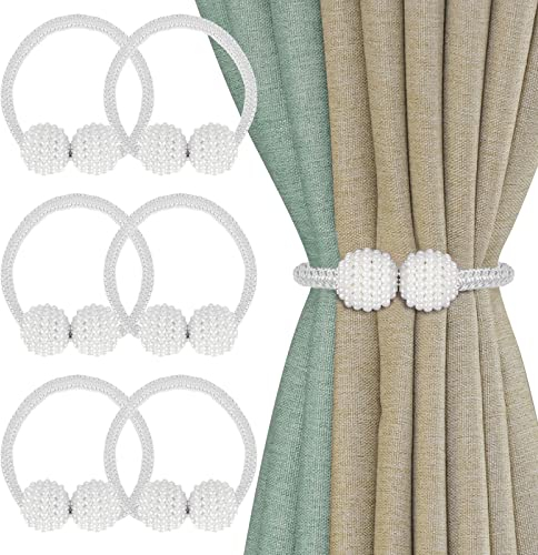 Senbaler 6 Stück Magnetische Vorhang Raffhalter mit Perlen,Vorhanghalter Seil,Duschvorhang Rückhalter,Dekoration für Home Office Hotel (Weiß)